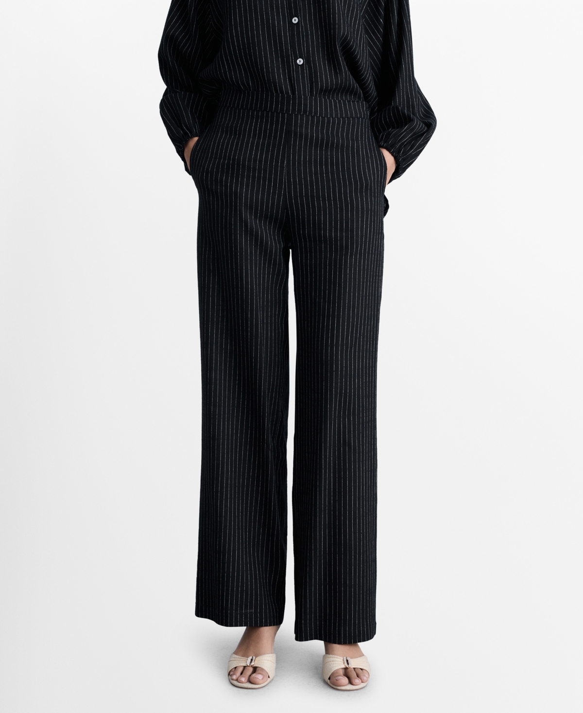 Mango Straight Striped Trousers Black In Black
