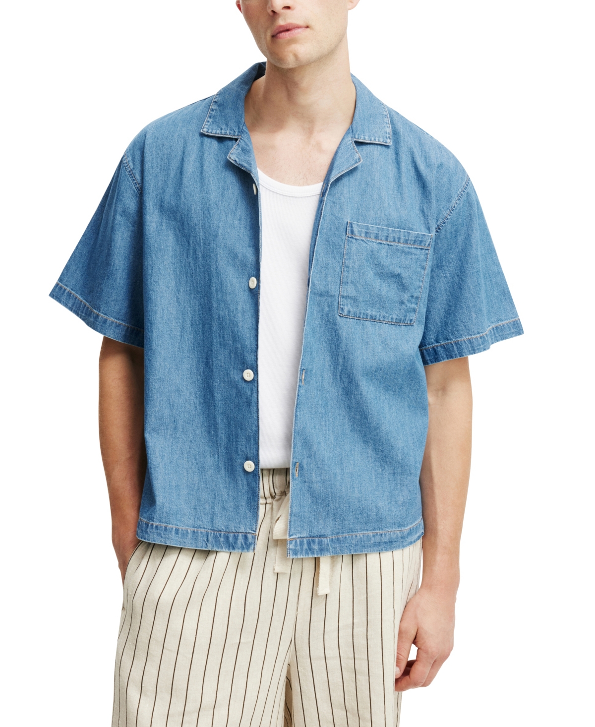 Shop Cotton On Men's Denim Box Fit Short Sleeve Shirt In Mid Blue Rinse