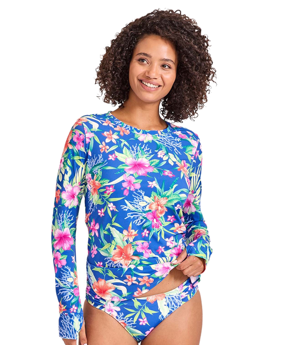 Tommy Bahama Women's Floral-print Long-sleeve Rash Guard In Palace Blue