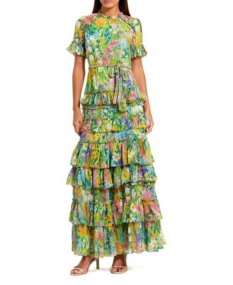 Women's Floral Printed Chiffon Tiered Ruffle Gown