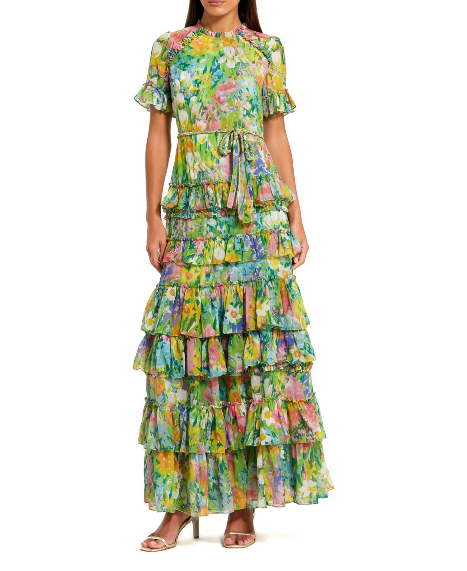 Women's Floral Printed Chiffon Tiered Ruffle Gown