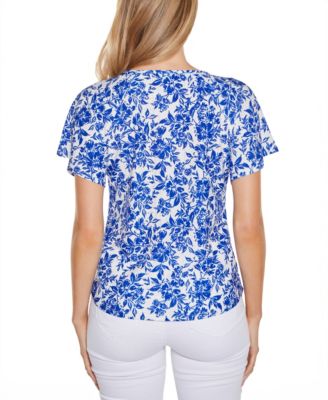 Women's Floral Printed Eyelet Short Sleeve Knit Top