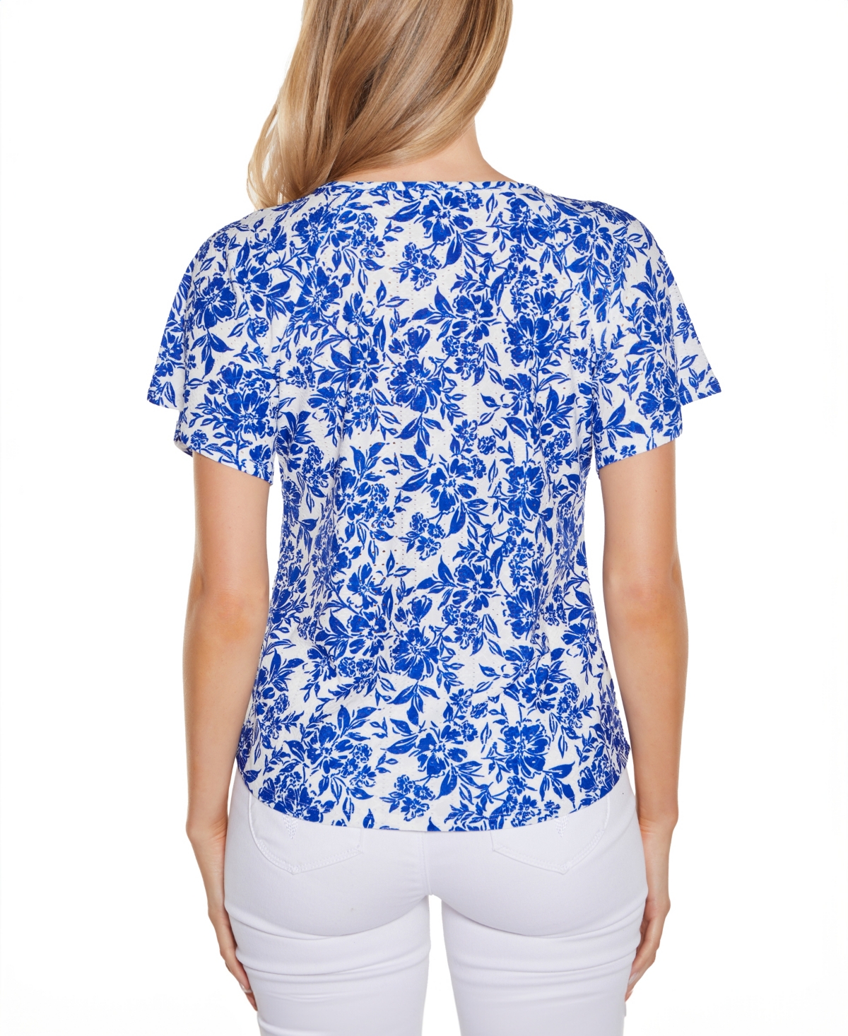 Shop Belldini Women's Floral Printed Eyelet Short Sleeve Knit Top In White,cobalt