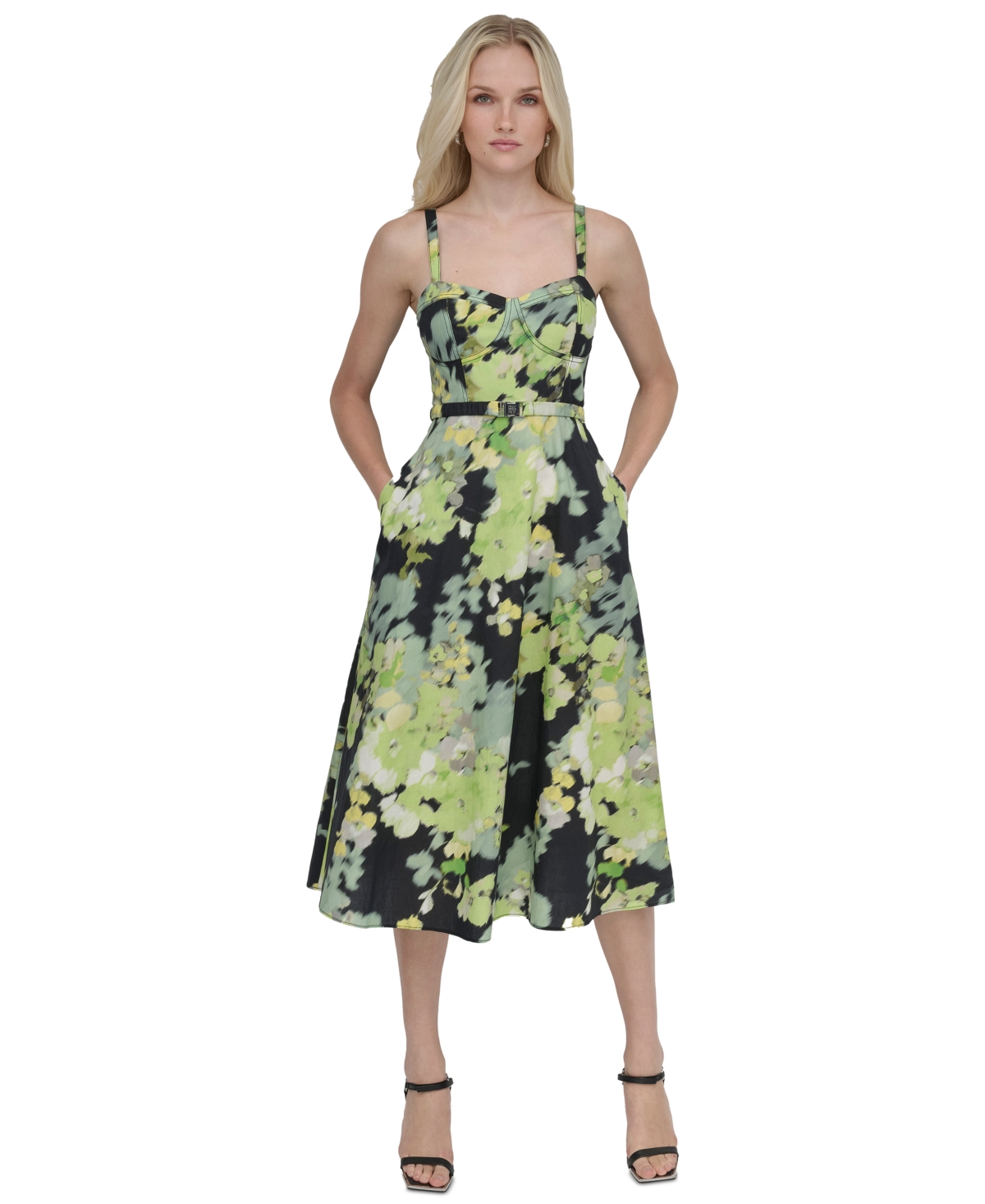 DKNY WOMEN'S COTTON CORSET BELTED MIDI DRESS 