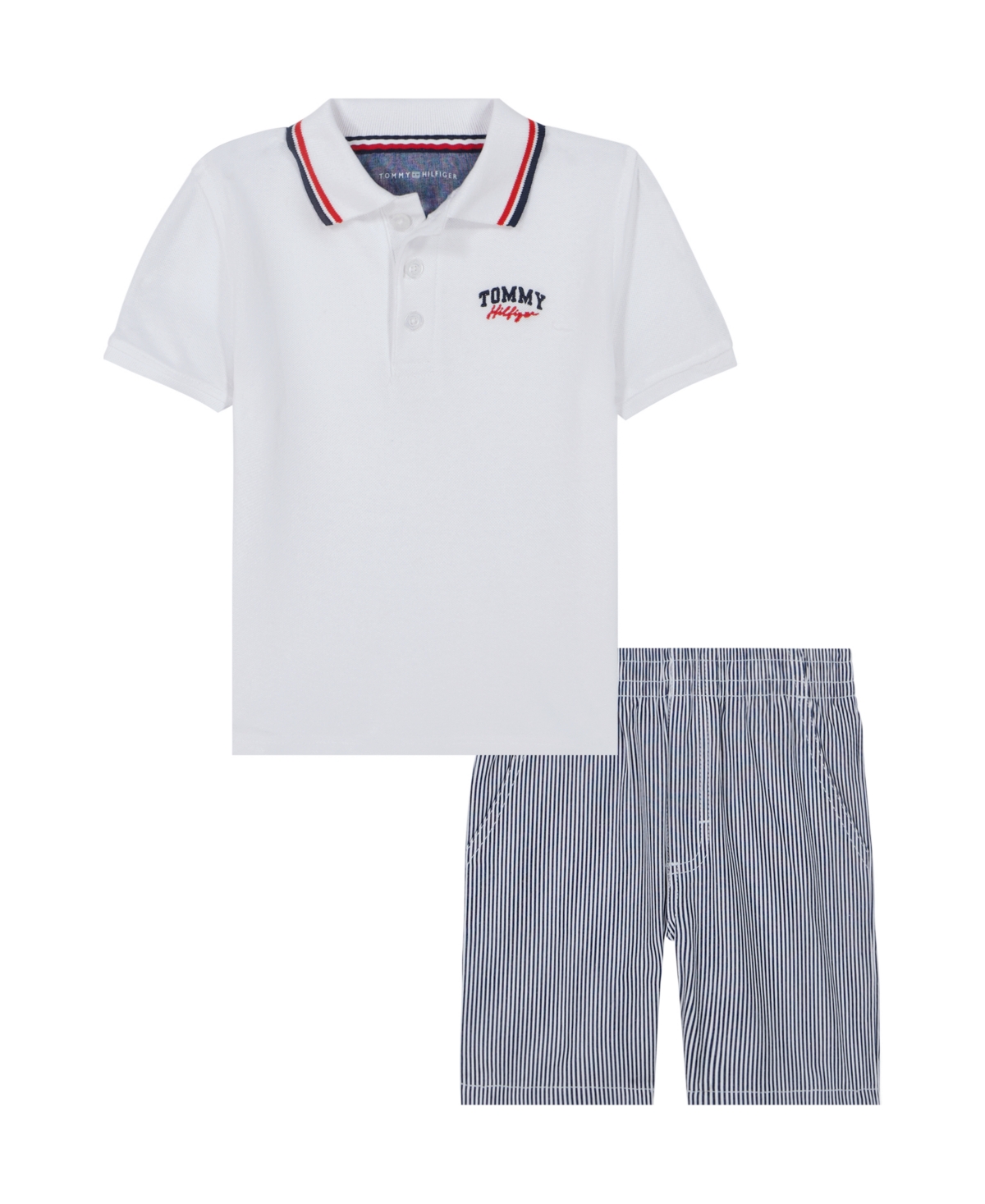 Tommy Hilfiger Toddler Boys 2-piece Signature Polo Shirt And Yarn-dyed Stripe Oxford Shorts Sets In Bright White,stripe