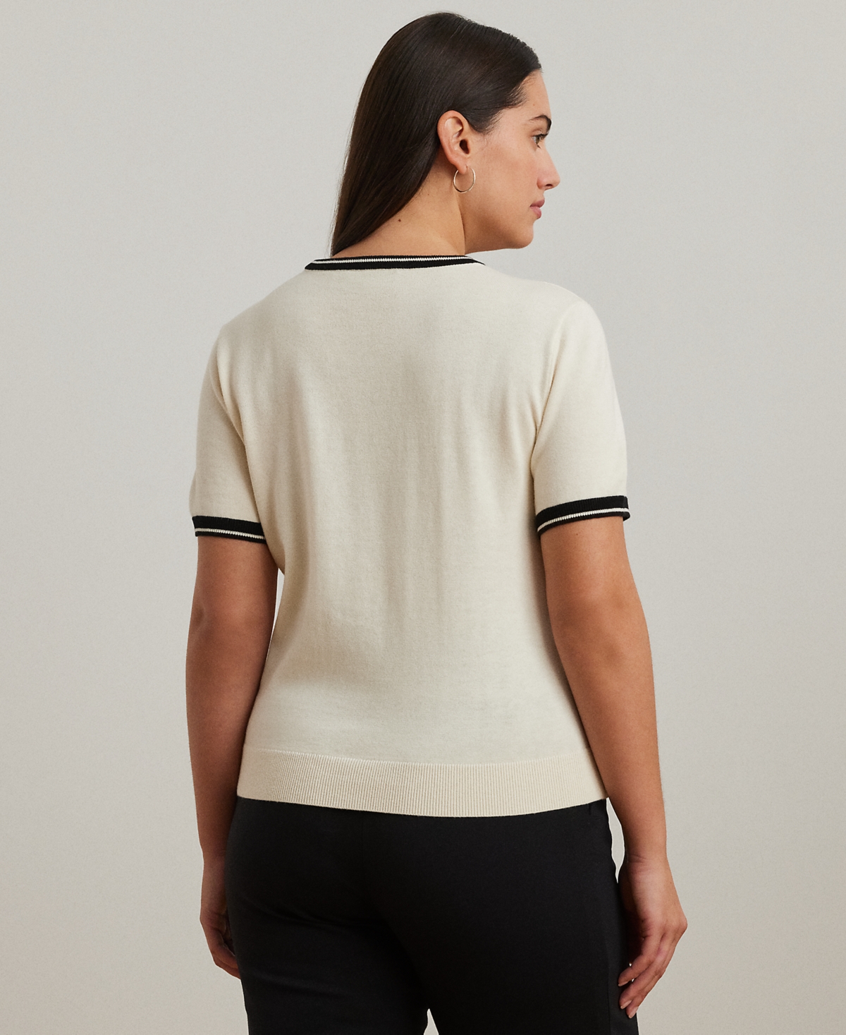 Ralph Lauren Plus Size Two-tone Short-sleeve Sweater In Mascarpone Cream,black