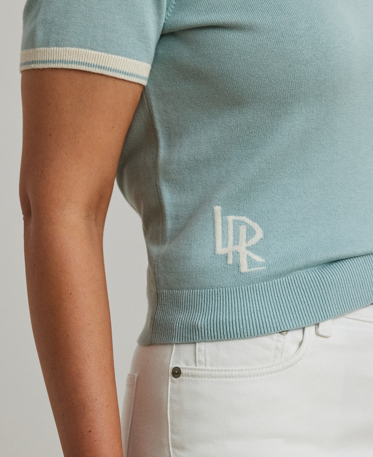 Ralph Lauren Plus Size Two-tone Short-sleeve Sweater In Aqua Pearl Mascarpone Cream