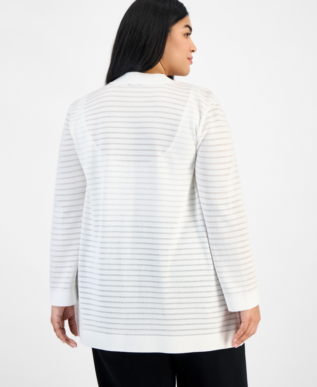 Anne Klein Plus Size Shadow-striped Open-front Cardigan In Bright White