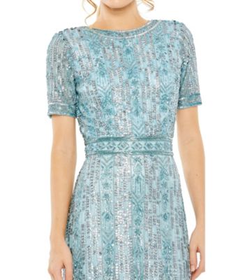 【Mac Duggal】High Neck Fringe Column Gown 関税送料込 Mac Duggal Women's High Neck Short Sleeve Crystal Fringe