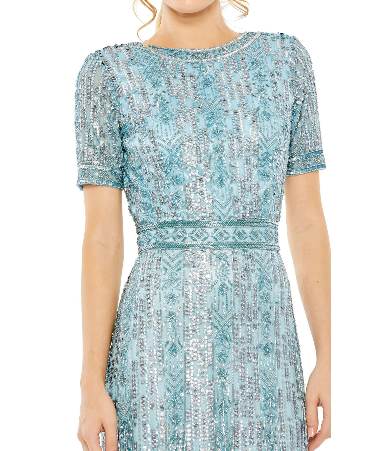 Женское платье Mac Duggal High Neck Short Sleeve Crystal Fringe Column, цвет: Синий — фото 8