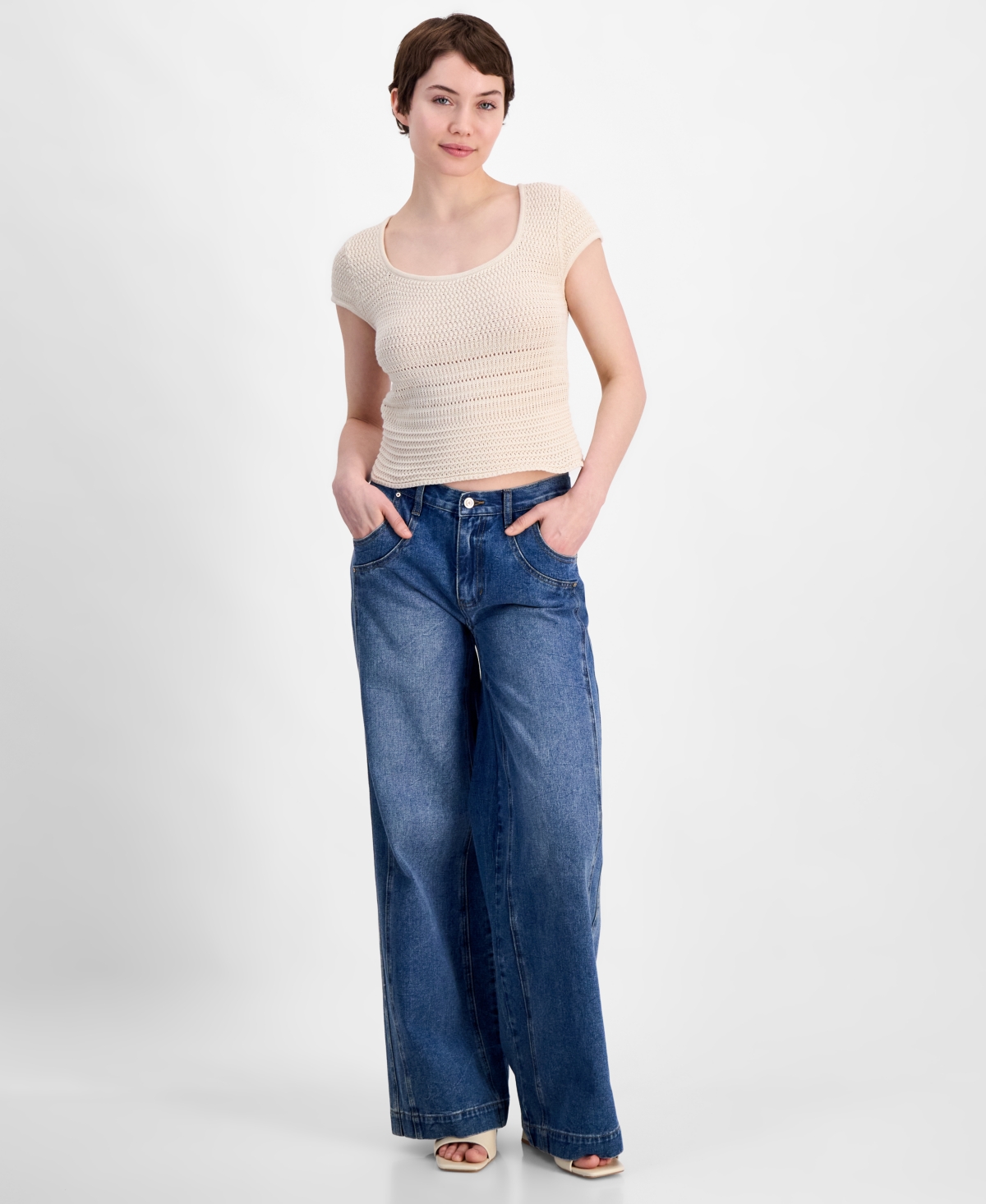 French Connection Nellis Open Stitch Short Sleeve Cotton Sweater In Ecru