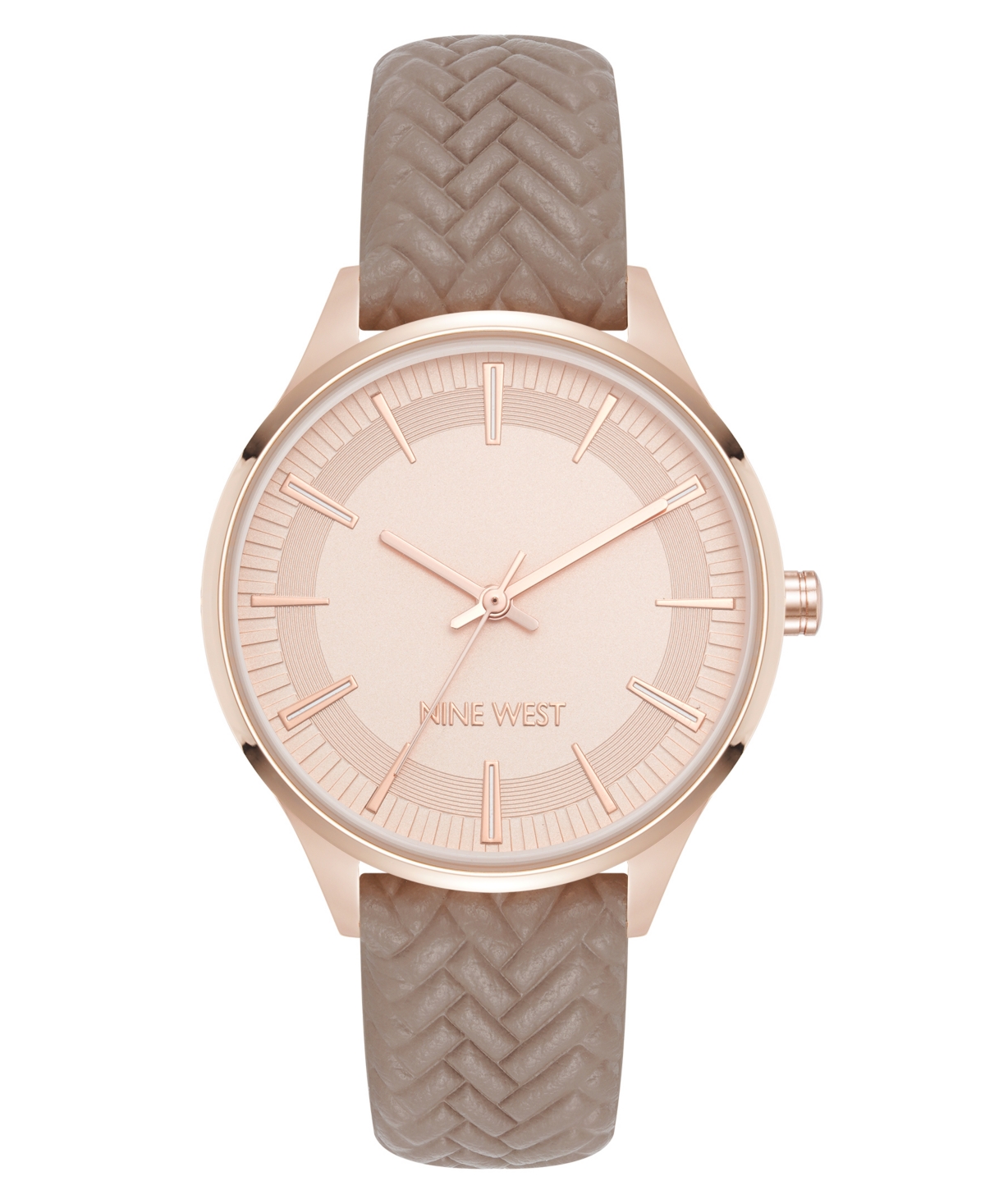 Nine West Women's Quartz Boyfriend Rose Gold-tone And Tan Polyurethane Leather Band Watch, 35mm In Tan,gold-tone