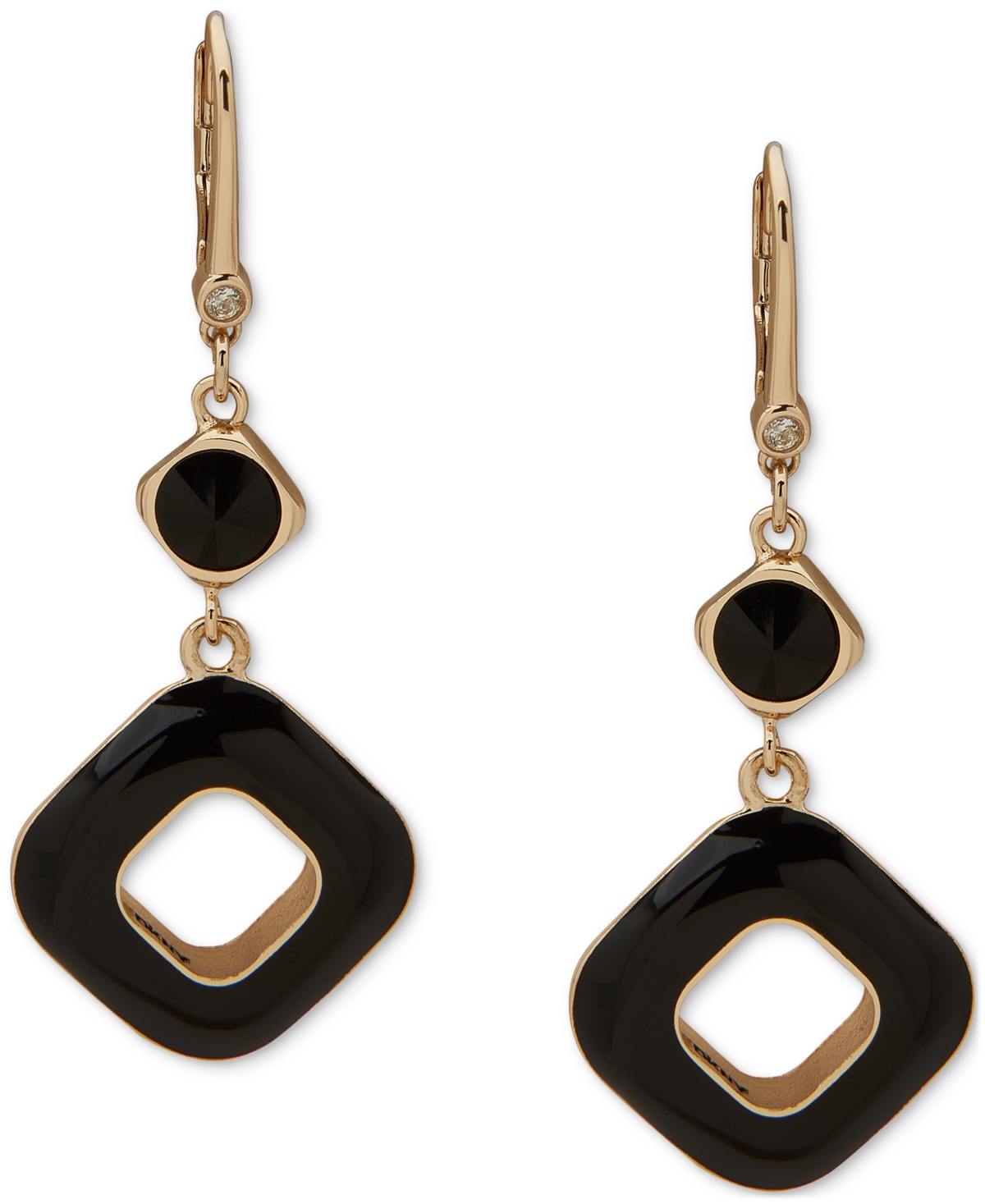 Gold-Tone Jet Black Square Double Drop Earrings - Black