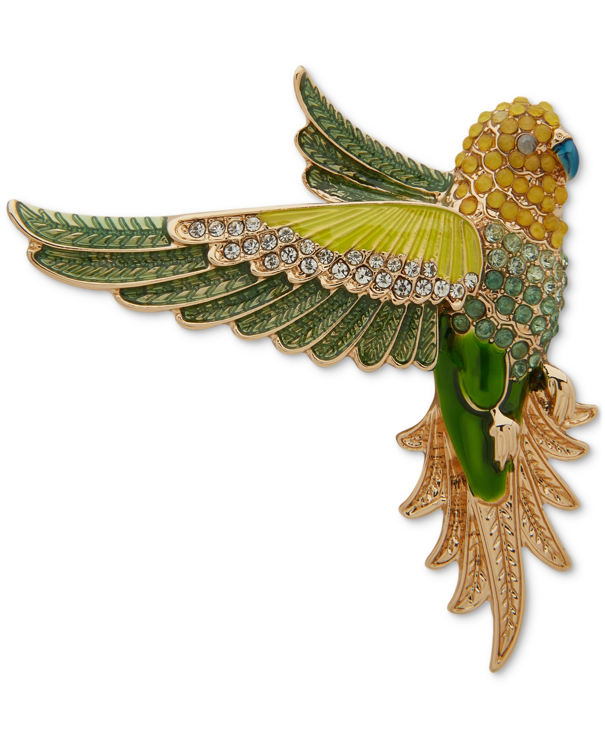 Gold-Tone Green Crystal Flying Parrot Pin - Multi