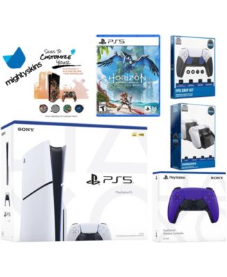 Playstation 5 Slim Disc Bundle with Horizon Forbidden West, Extra Gray Camo Controller, FPS Grip Kit, Dual Charge Dock and MightySkins Decal Vouc