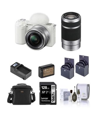 ZV-E10 Mirrorless Vlog Camera with 16-50mm Lens, Black - Bundle with E 55-210mm f/4.5-6.3 OSS Lens, 128GB SD Card, Shoulder Bag, Extra