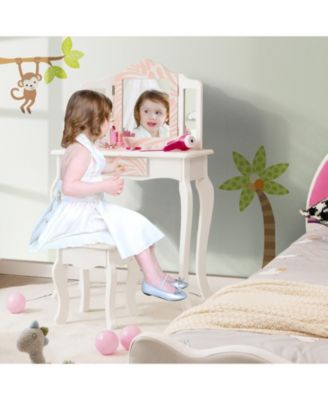 2-in-1 Kids Vanity Table Set with Tri-folding Mirror