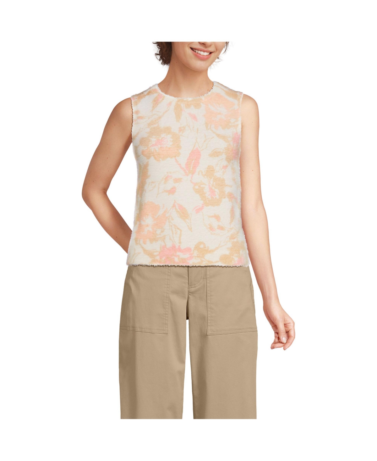 Women's Fine Gauge Eyelash Printed Sleeveless Sweater - Set Top - Ivory abstract floral