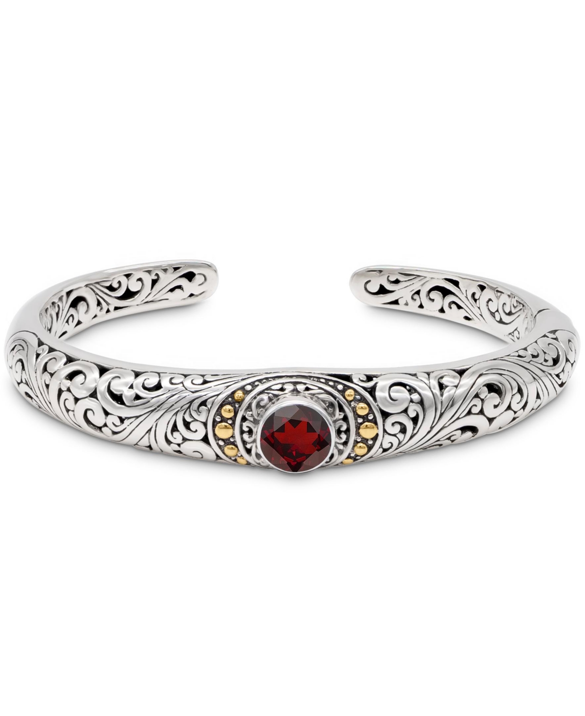 Garnet & Bali Filigree Cuff Bracelet in Sterling Silver and 18K Gold Accents, Medium - Silver, gold, red