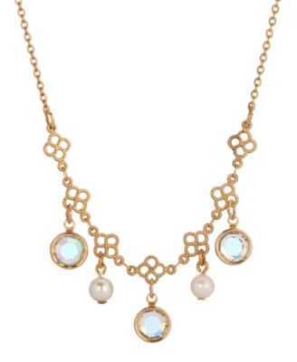 Gold Tone Crystal Faux Cultivated Pearl Bib Necklace