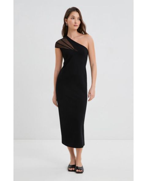 Женское платье Marcella Kiran Fitted One-Shoulder Mesh Asymmetric Midi, цвет: Чёрный