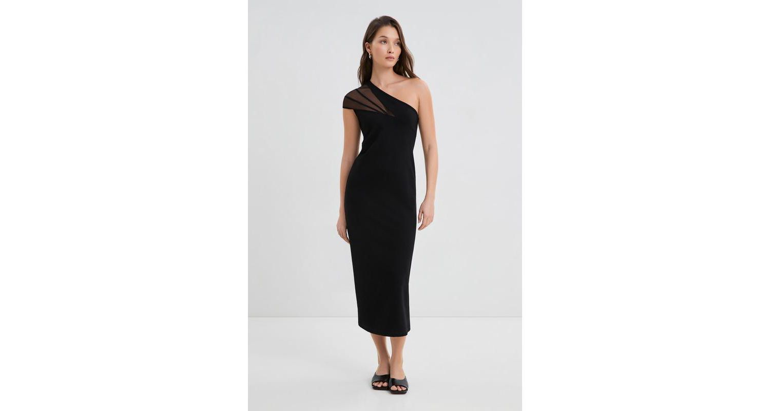 Women's Kiran Fitted One-Shoulder Mesh Asymmetric Midi Dress