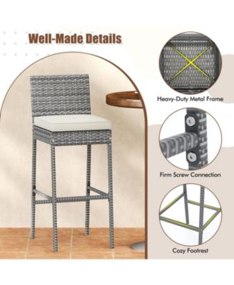 Patio Wicker Barstools with Soft Seat Cushion and Cozy Footrest-Set of 4