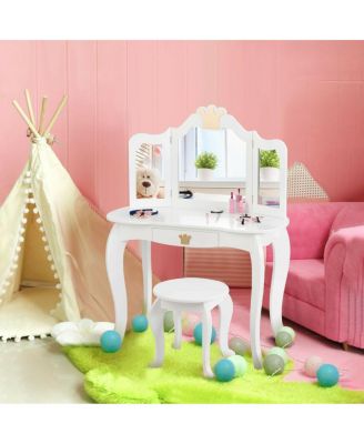 Kids Makeup Dressing Table with Tri-folding Mirror and Stool
