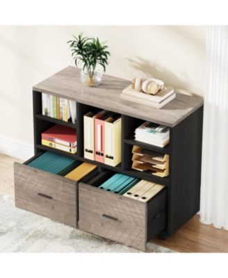 2-Drawer Wood File Cabinet, Mobile Lateral Filing Cabinet for Hanging Letter Size Files, Printer Stand with Open Storage Shelves for Home Office