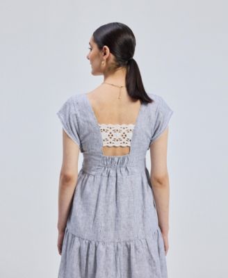 Women's Gathered Tiered Dress with Front-ties - Linen stripes