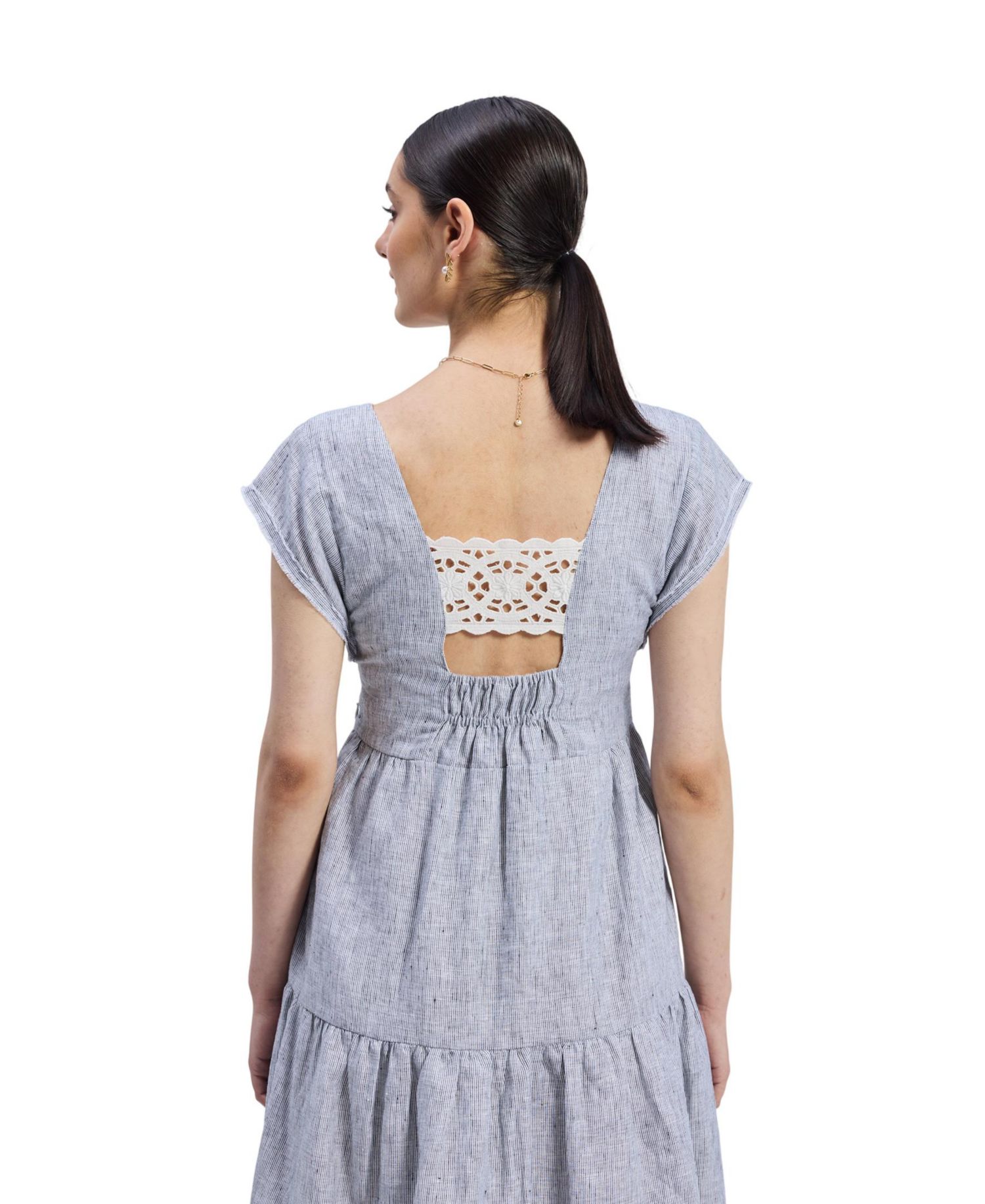 Women's Gathered Tiered Dress with Front-ties - Linen stripes