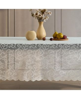 Scroll Lace Fabric Tablecloth, Lace Fabric Table Cloth for Round Tables, Wrinkle Resistant, Patterned Scalloped