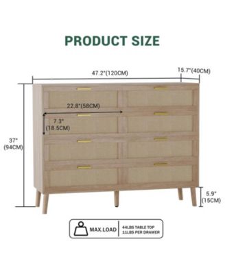 8 Drawer Rattan Dresser, 47.2" x 15.7" x 37" Rattan Chest of Dressers, Mid Century Modern Dresser for Closet with Handles, Large Table Top, Dresser Bedroom, Living Room, Hallway, Entryway