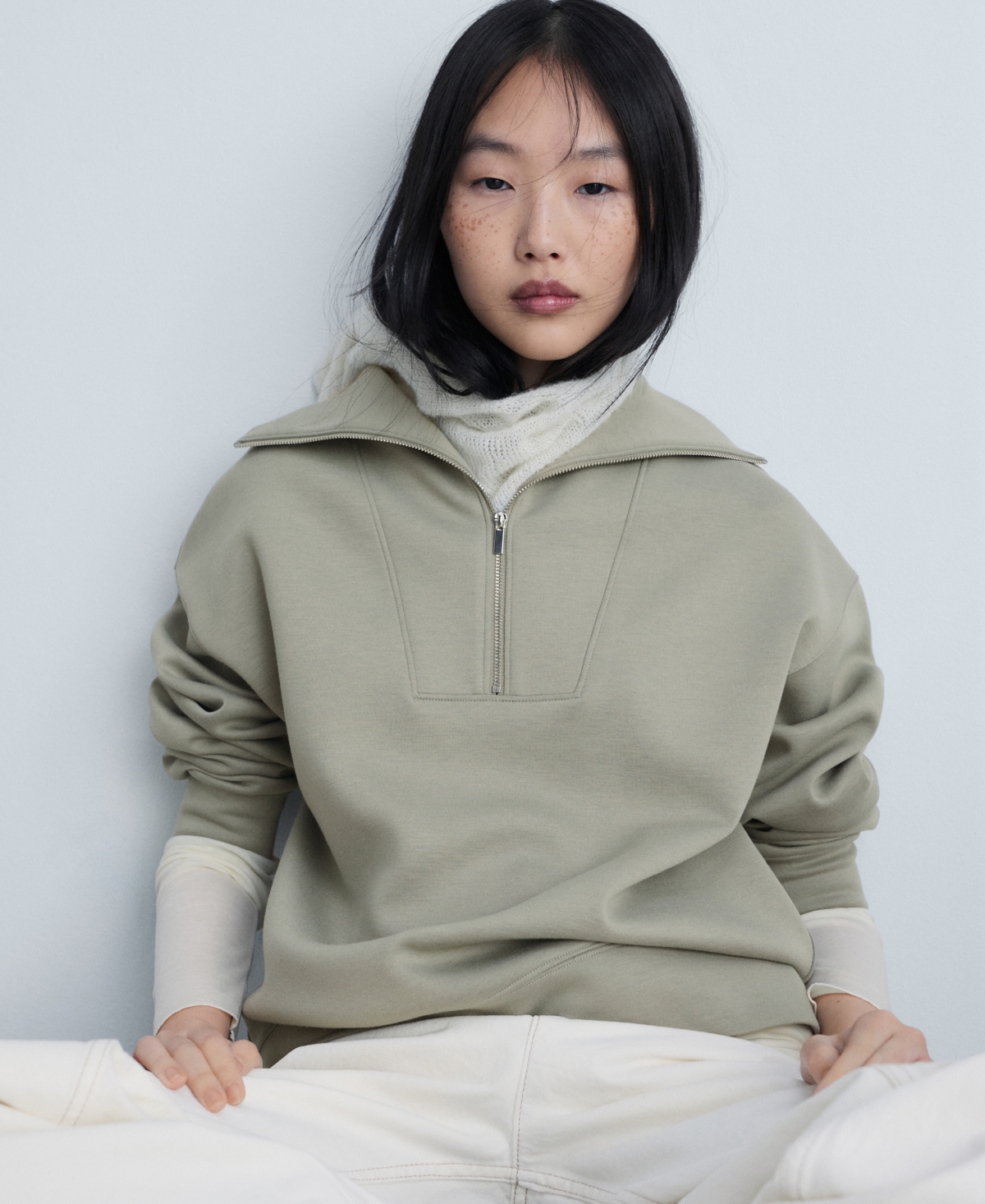 Mango Quarter Zip Sweatshirt In Khaki
