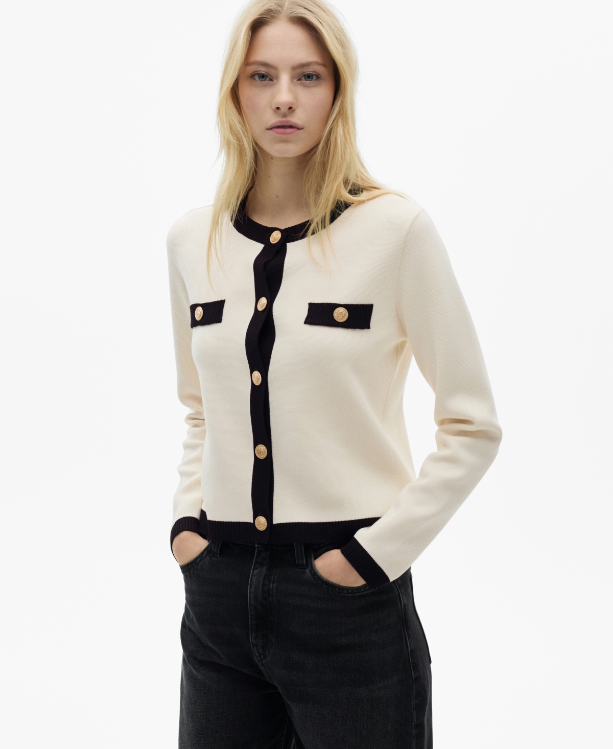 Mango Contrast Trim Short Sleeve Cardigan In Ecru
