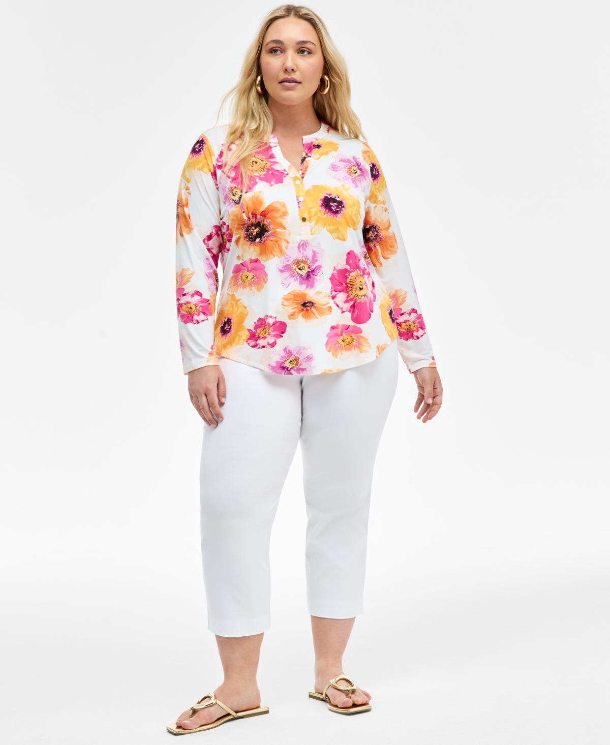 Inc International Concepts Inc Plus Size Printed Split-neck Top, Exclusively At Macy's