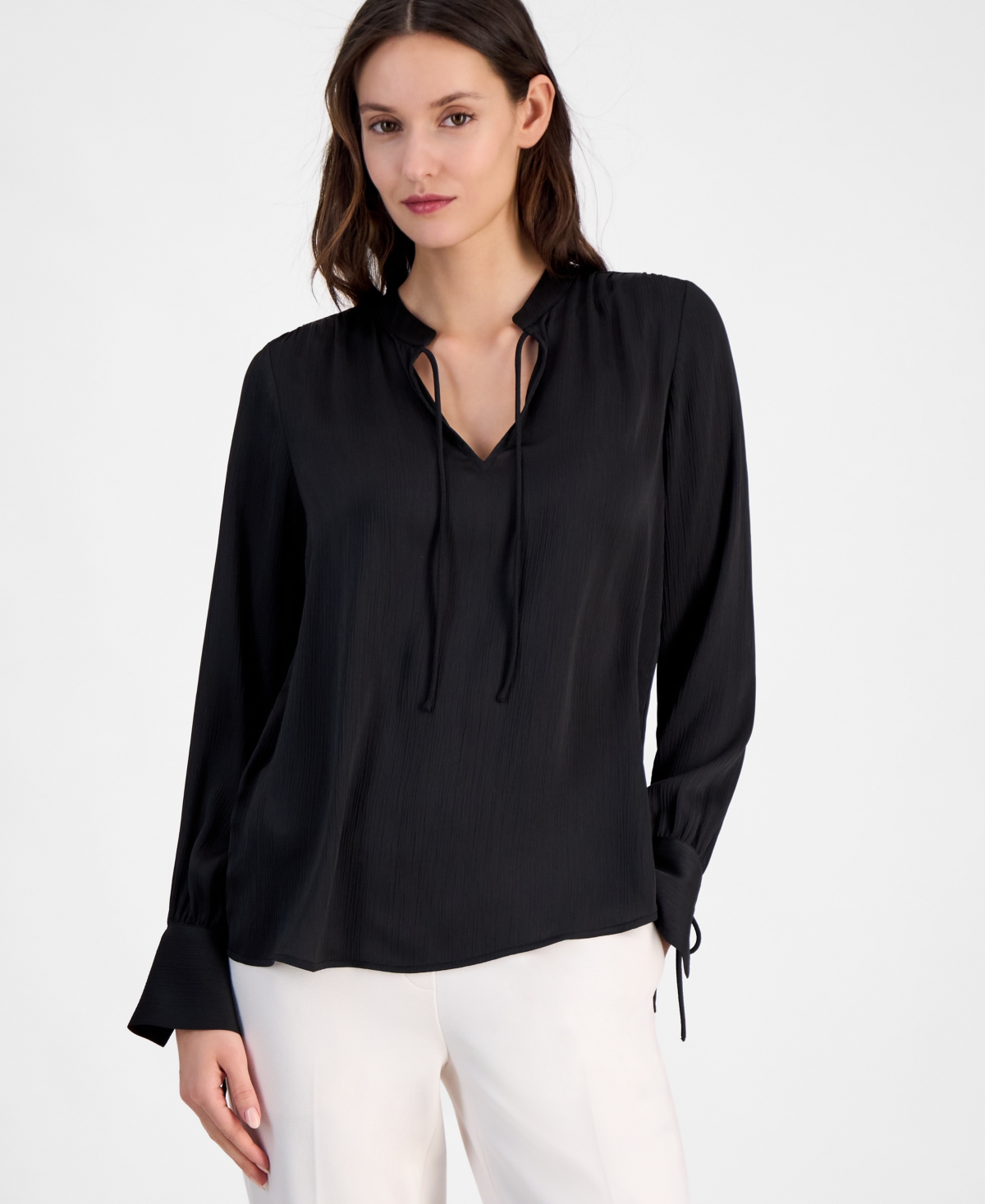 Anne Klein Women's Long-sleeve Tie-neck Blouse In Anne Black