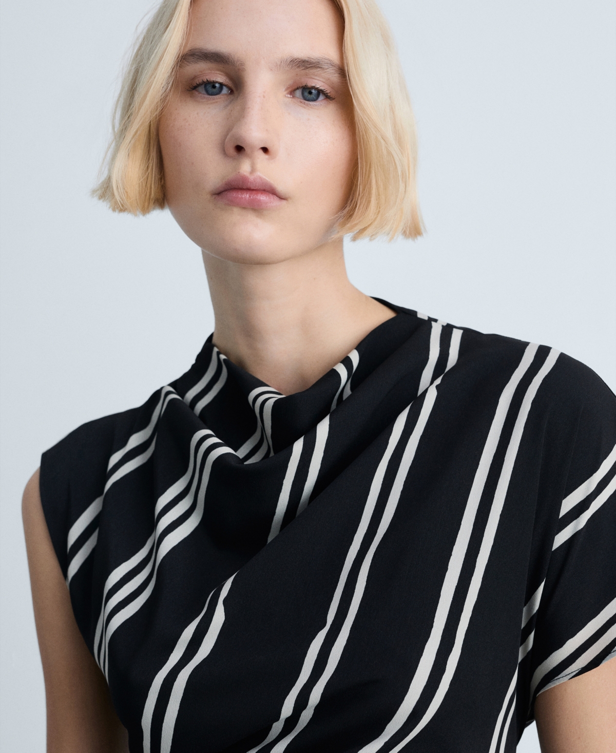 Mango Stripe Asymmetric Sleeve Midi Dress In Black