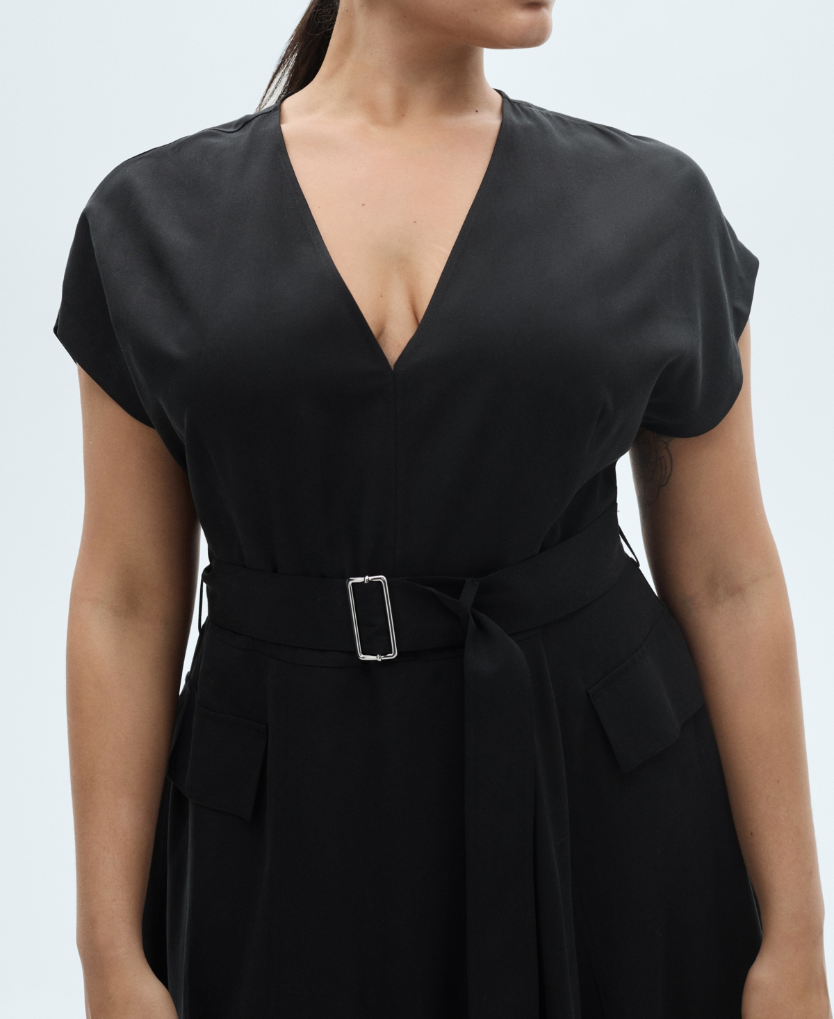 Mango Asymmetrical Dress With Belt Black In Black