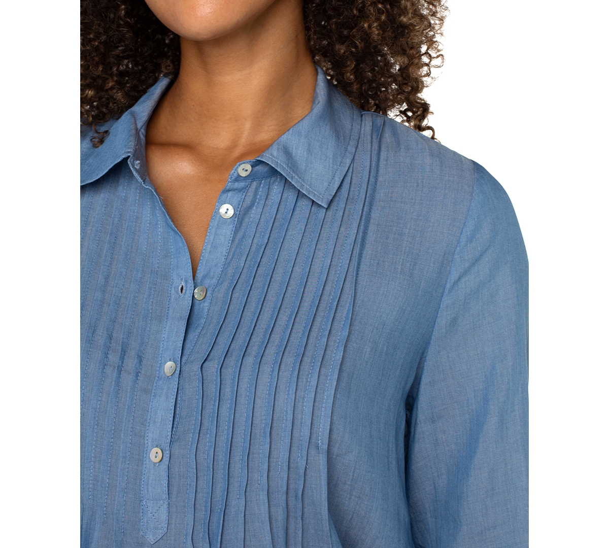 Liverpool Los Angeles Petite Long-sleeve Popover Woven Blouse In Bridgeton Light