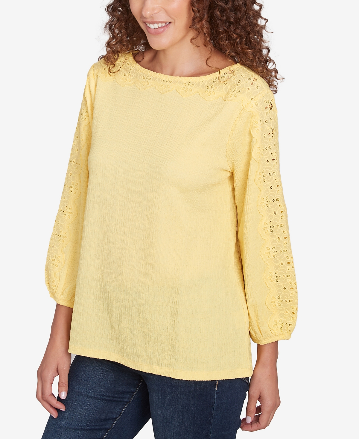 Ruby Rd. Petite Solid Textured Eyelet Sleeve Boat Neck Top In Yellow