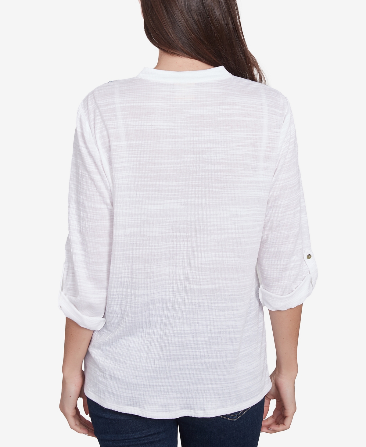 Ruby Rd. Petite Soft Relaxed Textured Trim V-neck Top In White