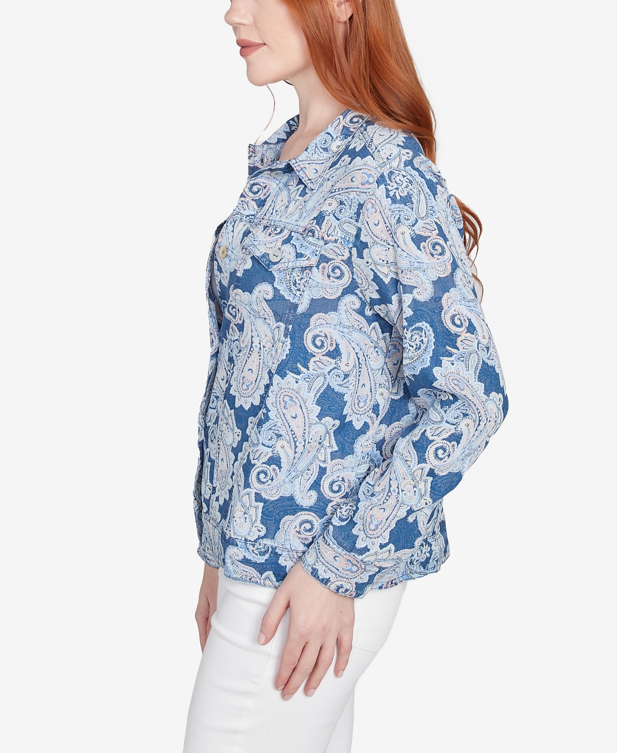 Ruby Rd. Petite Baroque Paisley Soft Button Long Sleeve Jacket In Dark Chambray Multi