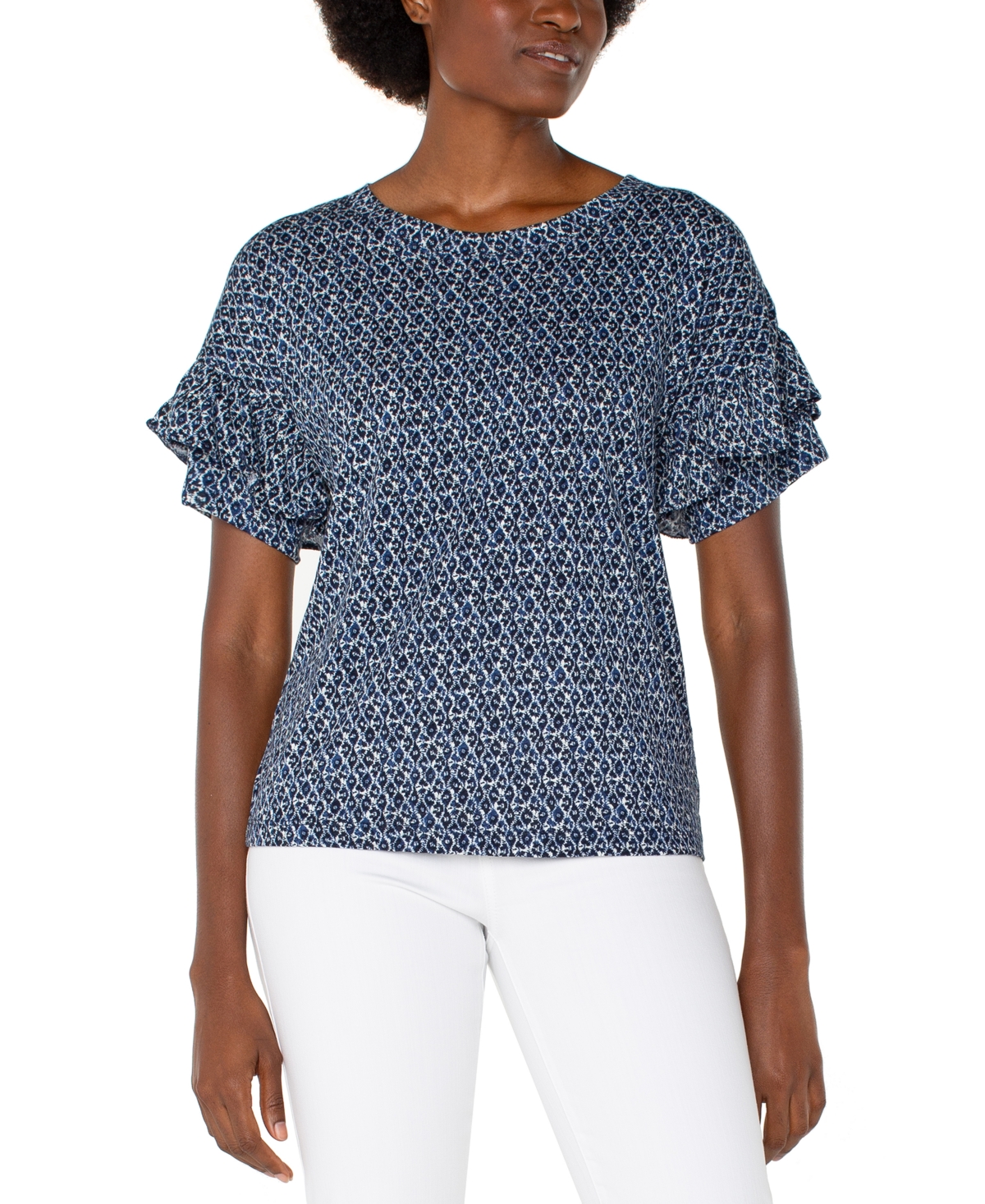 Petite Ruffled-Sleeve Knit Top - Navy Cream Batik