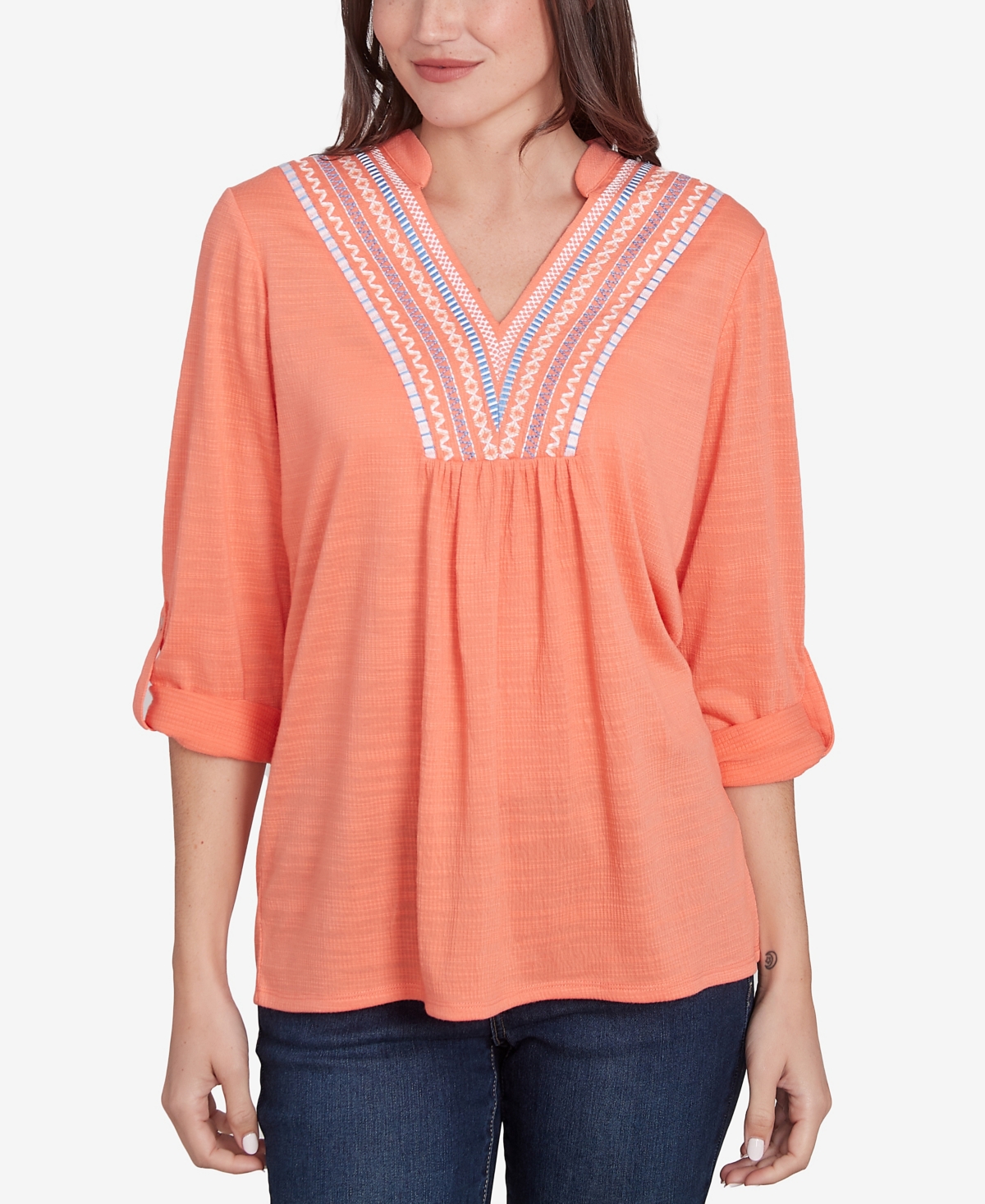 Ruby Rd. Petite Soft Relaxed Textured Trim V-neck Top In Orange Pop