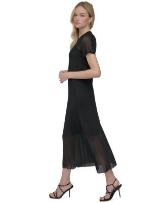 Women's Mesh Jewel-Neck Short-Sleeve Midi Dress