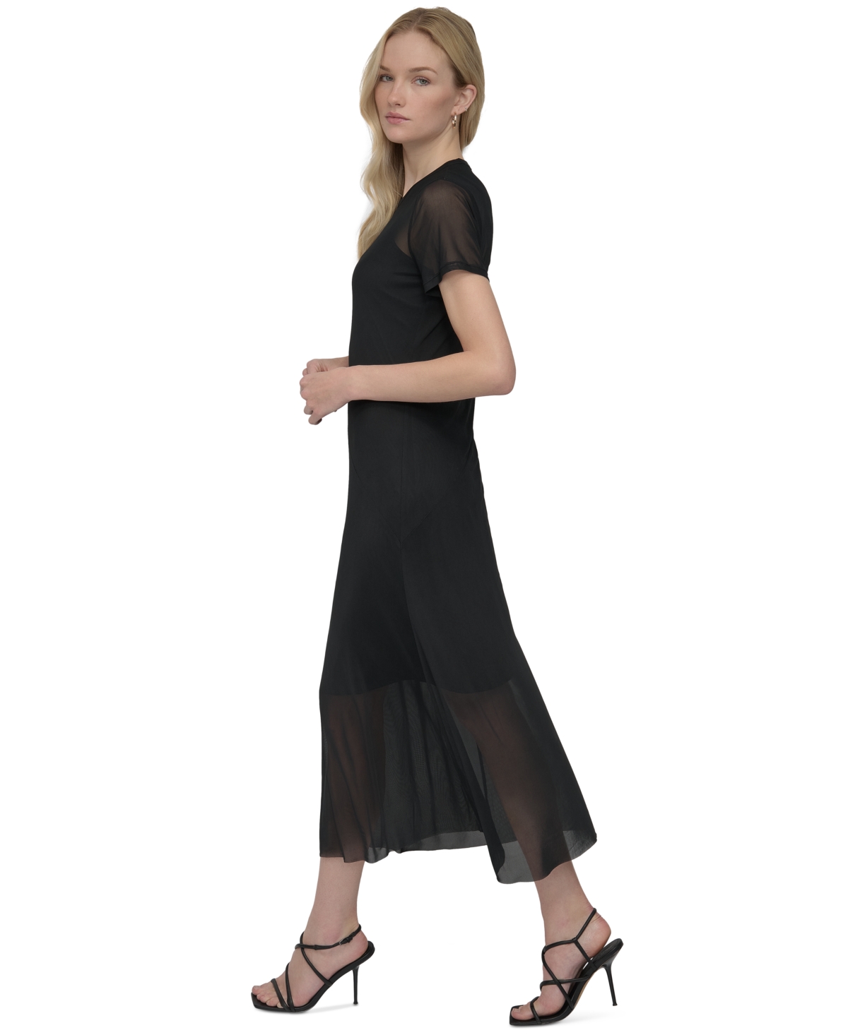 DKNY WOMEN'S MESH JEWEL-NECK SHORT-SLEEVE MIDI DRESS 