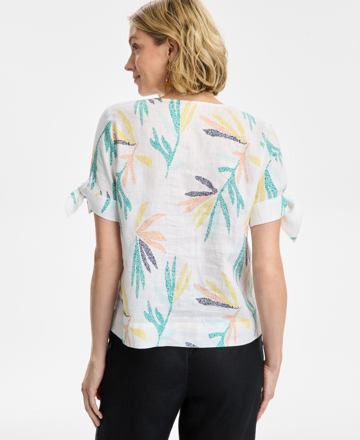 CHARTER CLUB WOMEN'S TEXTURED-PALM TIE-SLEEVE WOVEN 100% LINEN TOP, EXCLUSIVELY AT MACY'S 