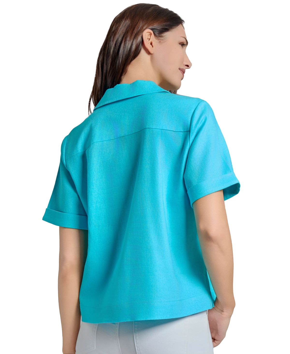 Jones New York Short Sleeve Linen Blend Button-up Shirt In Aqua Wave