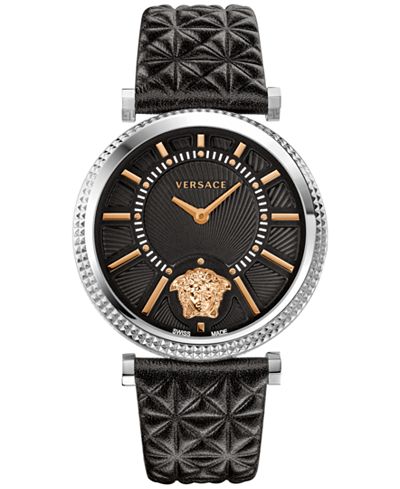 Versace Women's Swiss V-Helix Black Quilted Calf Leather Strap Watch 38mm VQG020015